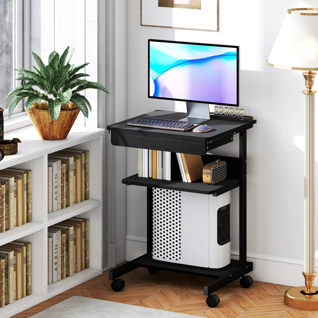 Scrivania con cassetto e scaffali, 4 ruote, compatta ¨C Minimal ¨C Spanplatte, metallo