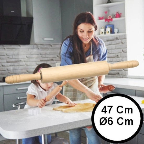 Rullo per impasto con maniglia - Legno FSC antiaderente - 47x6x6 cm - Rullo per impasto con rotelle girevoli - Sezione rotante 23xØ6 cm