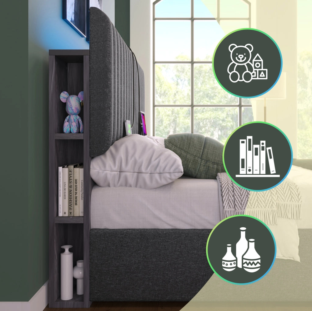Letto imbottito grigio 160 x 200 cm con LED, ricarica e vano contenitore
