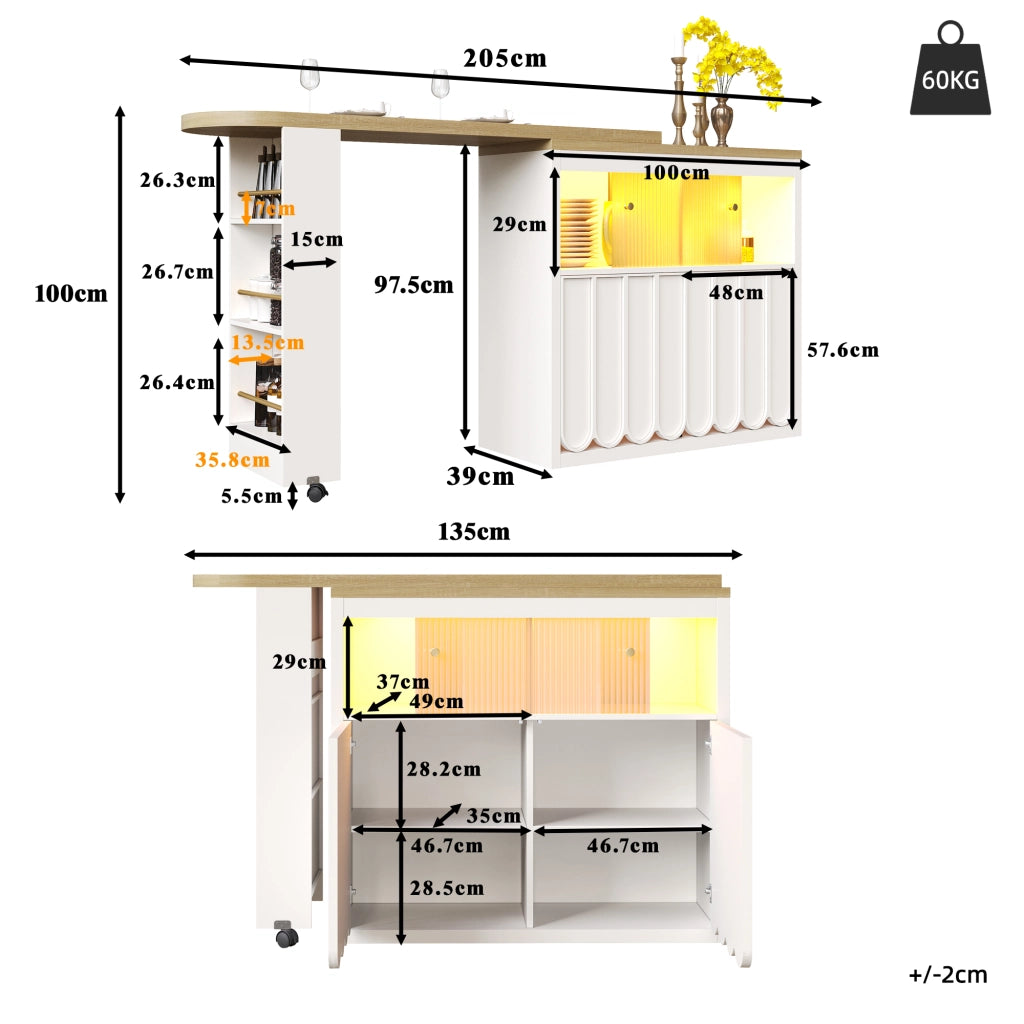 OKWISH Tavolo Bar Allungabile con Contenitore, Ante e Ripiani Regolabili, LED e Ruote, 135-205 x 39 x 100 cm
