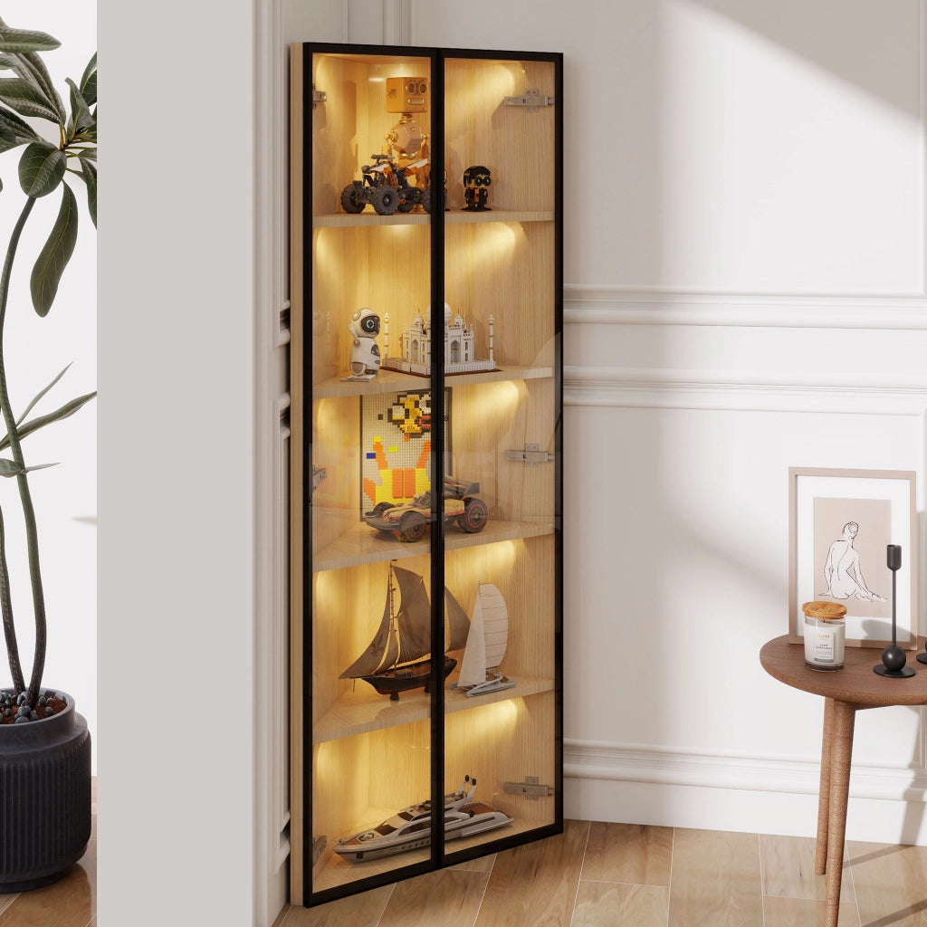 OKWISH Vetrina ad Angolo con 1 Anta, LED su Ogni Ripiano e Cerniere Ammortizzate, per Soggiorno, MDF, Rovere, 62 x 35 x 160 cm