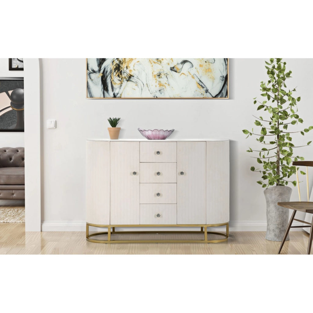 Mobile Montpellier crema in velluto con cassetti e gambe dorate — 120x40x85 cm