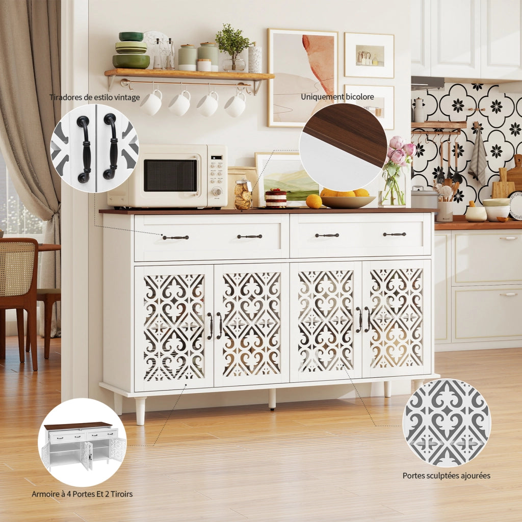 Credenza con 4 ante; 2 cassetti e ripiani regolabili - bianco - 150×40×90.3 cm