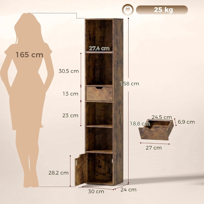 LIBRERIA A 4 SCOMPARTI CON CASSETTO E SPORTELLO 30x24 cm LEGNO MARRONE RUSTICO