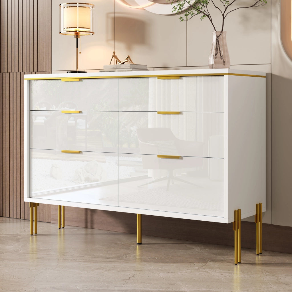 Madia 120x40x85.5 cm con 6 cassetti; frontali lucidi e dettagli dorati; in truciolato; bianco