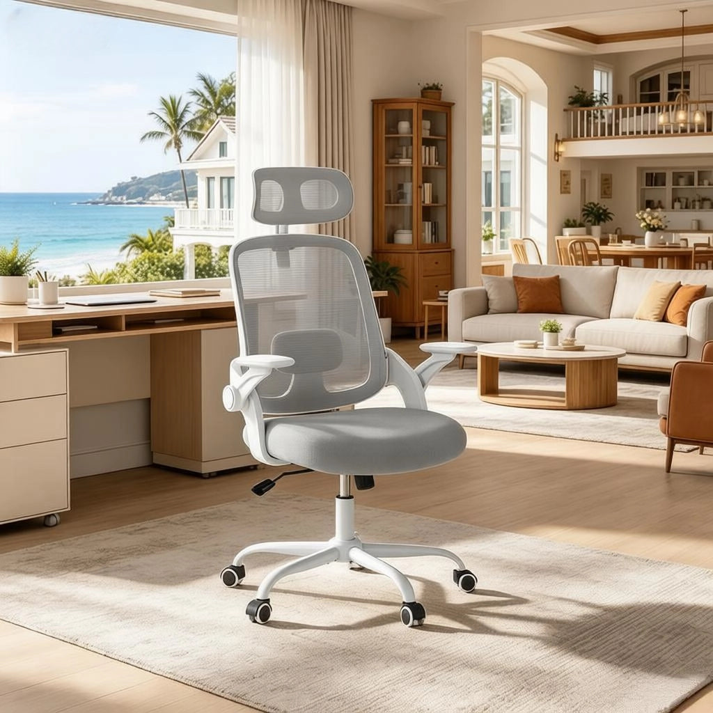 Sedia da ufficio ergonomica con schienale alto e braccioli 3D in rete e metallo grigio chiaro