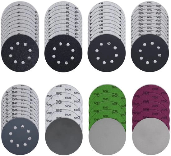 Set di carta abrasiva da 65 pezzi - carta abrasiva 125mm - nastro adesivo - grana 60/80/400/1000/1500/2000/3000/5000 - per 8 fori - duraturo e di alta qualità - set di dischi abrasivi