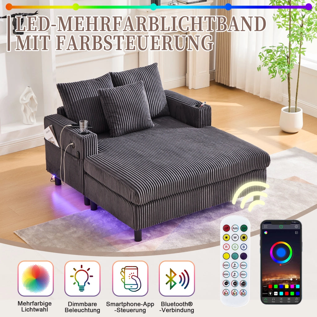 OKWISH Chaise Longue con Seduta Profonda, Illuminazione LED, Porte USB e Portabicchieri, Velluto a Coste Grigio Scuro