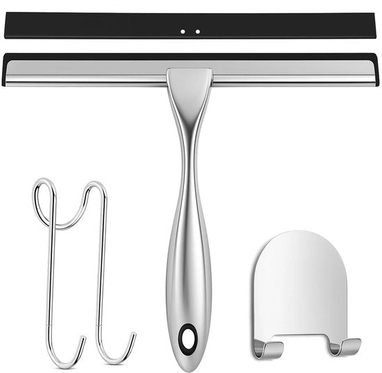 Douchewisser RVS 25cm Nero, Douchewisser con 2 ganci, Raamwisser per bagno, Inclusa 2 labbra di gomma sostitutive, Per specchi/vetro/piastrelle, Non lascia striature d'acqua
