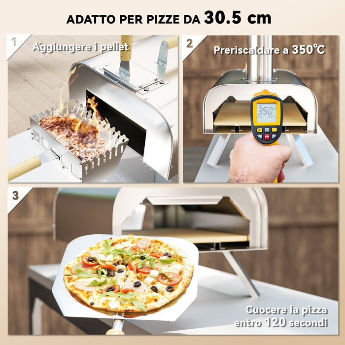 Forno per Pizza a Pellet 79x36x75 cm con Pietra Refrattaria e Pala in Acciaio Inox Argento