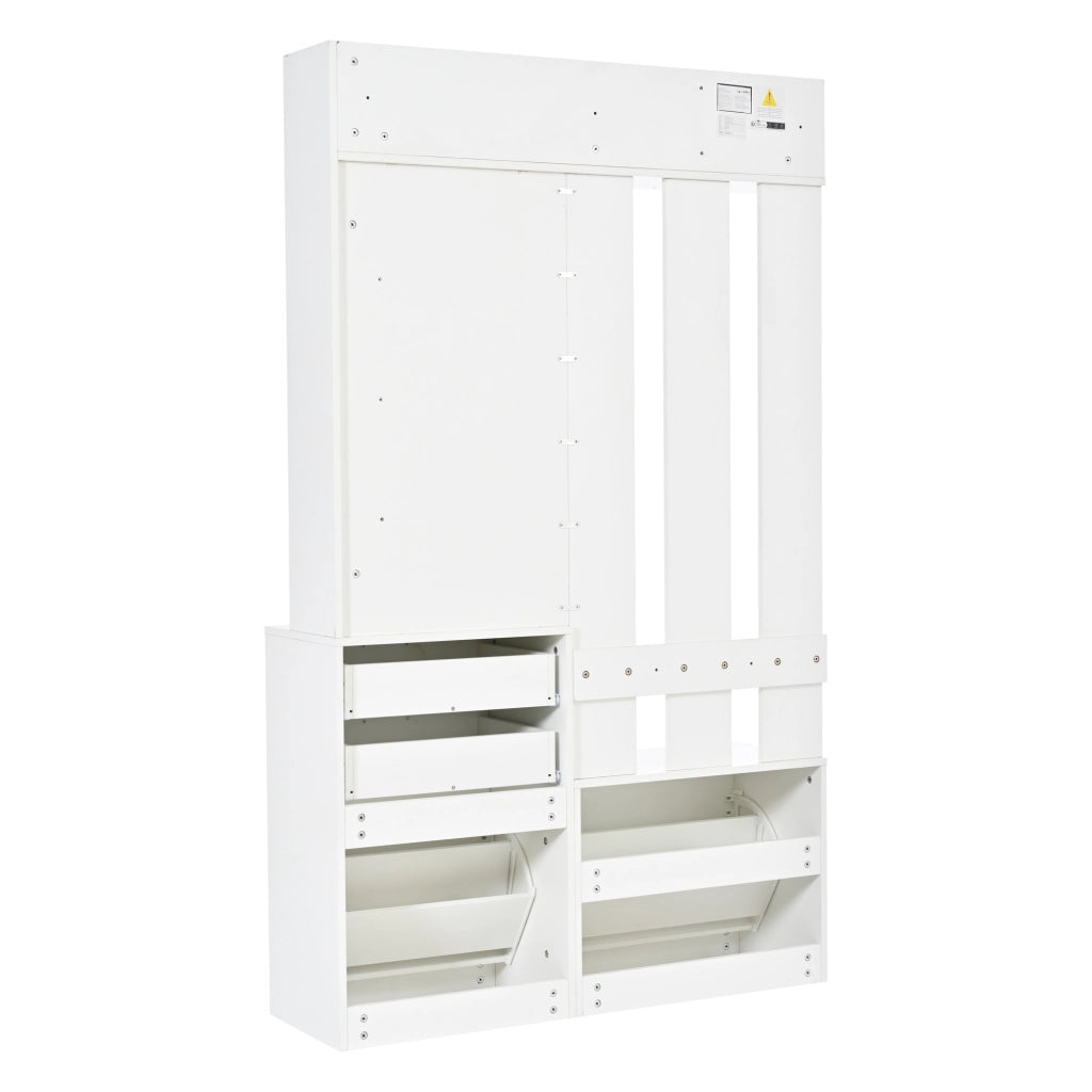 Garderobenschrank multifunzionale bianco 110¡Á34¡Á185 cm con specchio, 2 cassetti, 2 scarpieri ribaltabili e 3 ganci