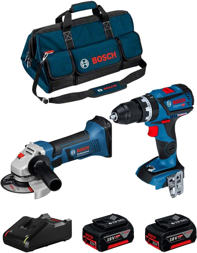 BOSCH Kit 18V BK2010BAG (Trapano a Percussione GSB 18V-60 C + Smerigliatrice GWS 18-125 V-LI + 2 Batterie di 4,0 Ah + Caricabatterie + Borsa)