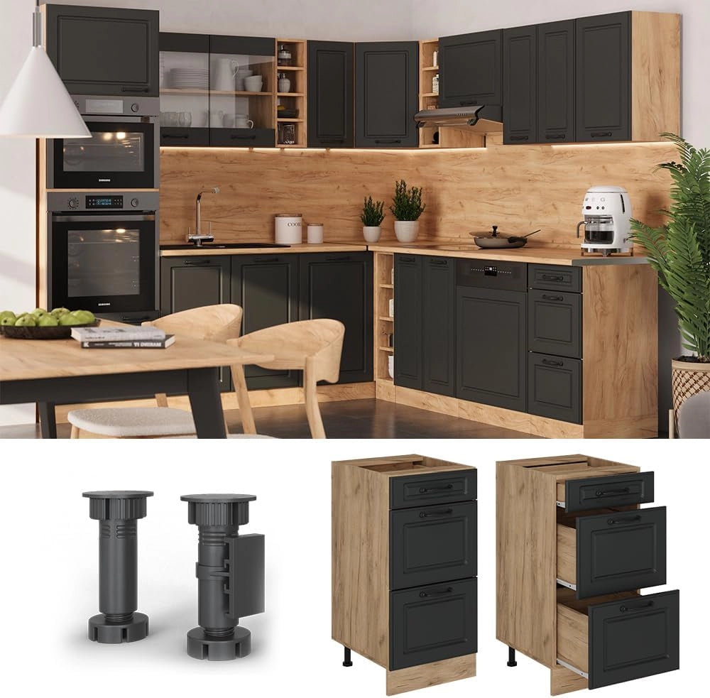 Mobiletto base per cucina R-Line, Sonoma, 40 cm con cassetti, senza piano di lavoro