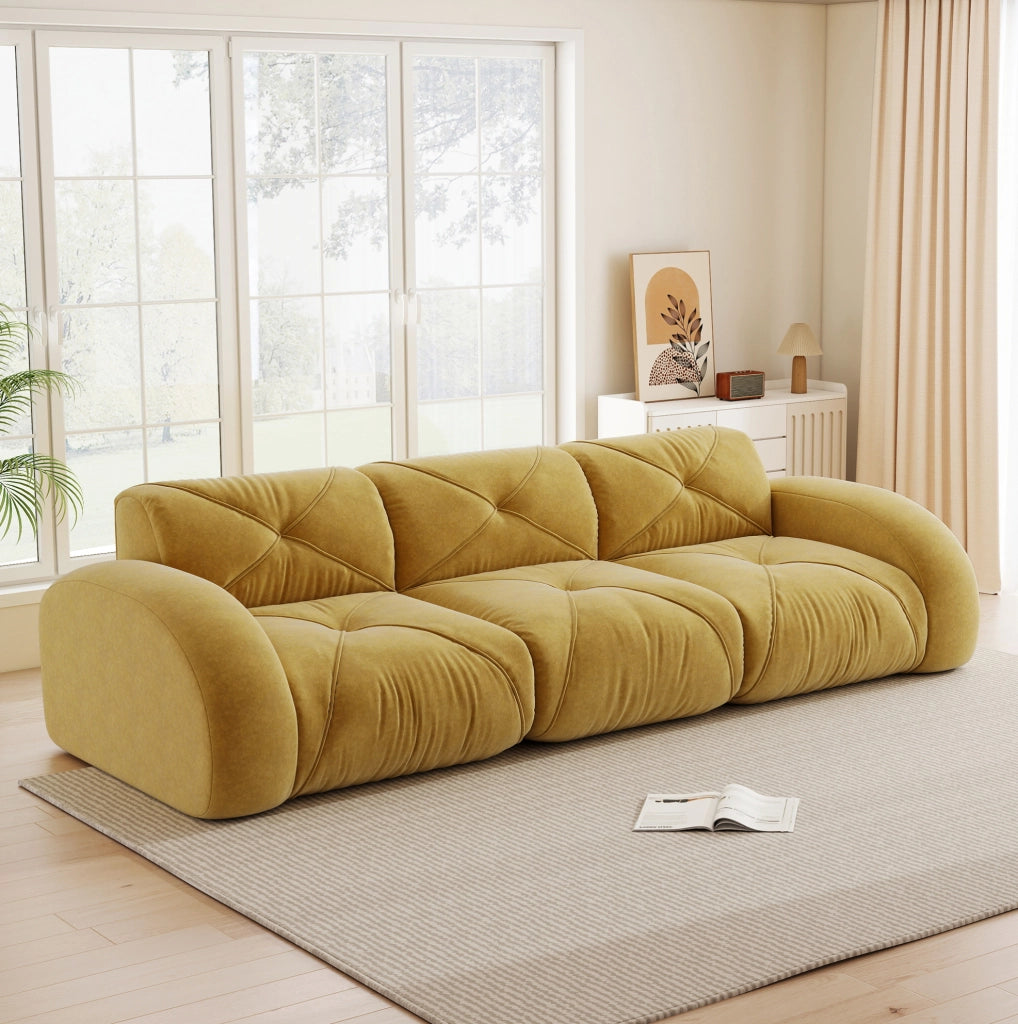 Divano modulare 3 posti senza struttura in chenille gialla; design basso e seduta morbida