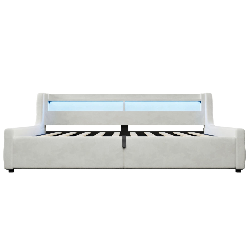 Letto imbottito 140x200 cm con contenitore idraulico; LED e flanella; Off White