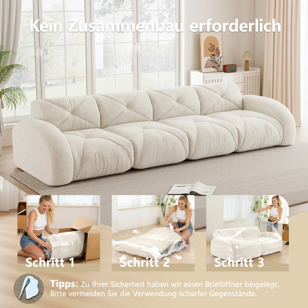 Divano modulare a quattro posti senza telaio con schiuma 32D e tessuto chenille beige chiaro 358 × 95 × 76 cm
