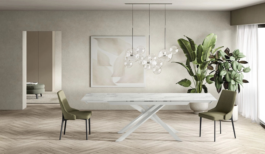 Tavolo Allungabile Cross 160-240x90 cm, Top in Ceramica Marmo Calacatta Lucido, Struttura in Metallo Bianco - Design Moderno Esclusivo