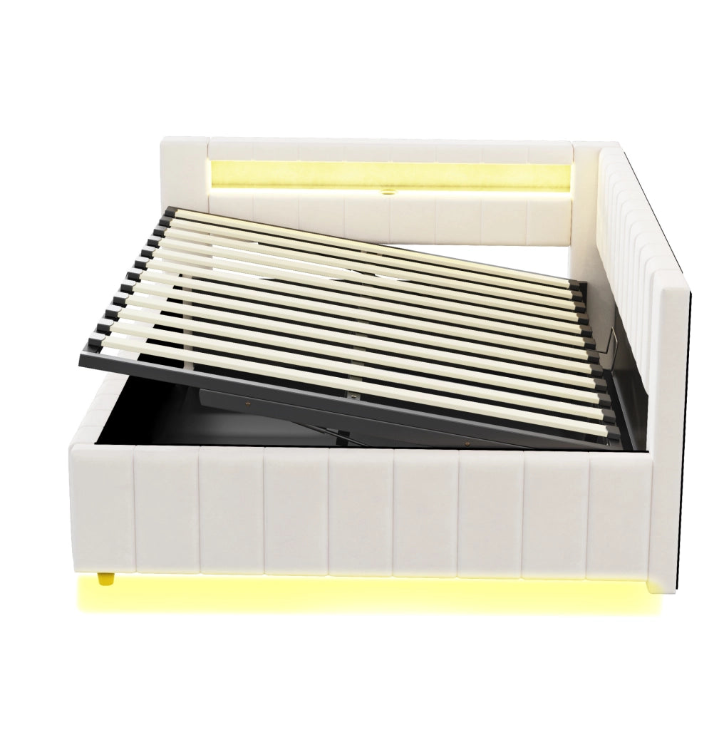 Letto matrimoniale imbottito 140x200 cm con vano, LED e USB
