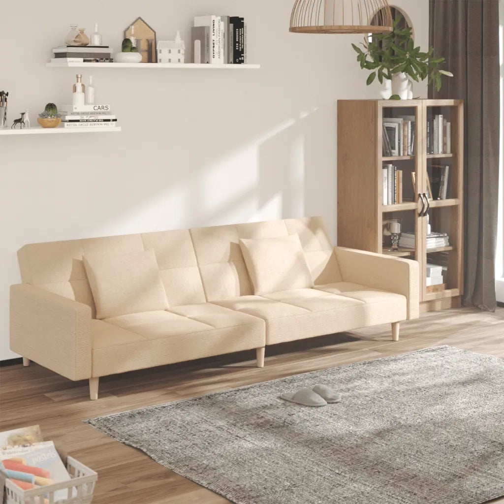 Divano Letto a 2 Posti con 2 Cuscini Crema in Tessuto 375802