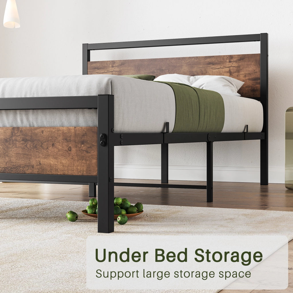 LETTO 140x200 cm in MDF e metallo marrone antico con rete a doghe e spazio sottoletto