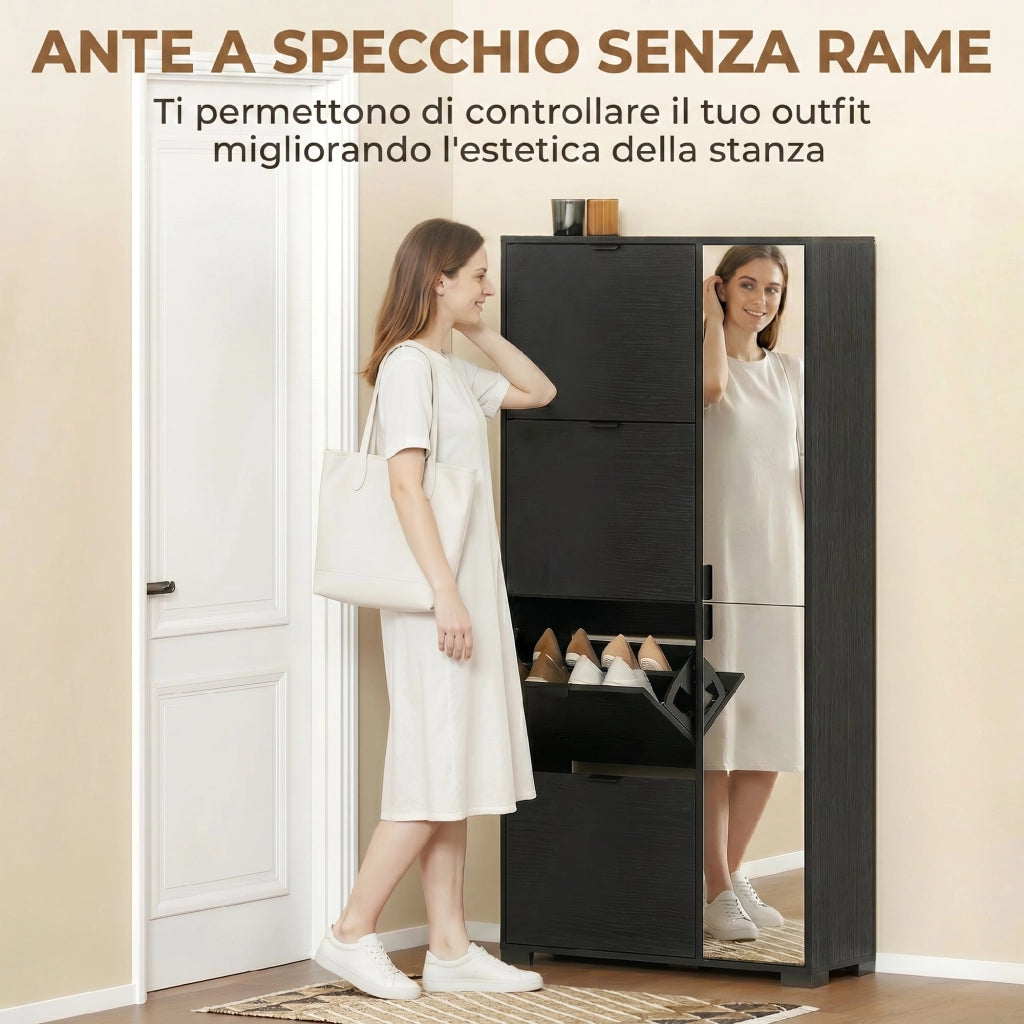 Scarpiera Moderna con Specchio. 4 Cassetti a Ribalta. Capacit¨¤ Fino 16 Paia di Scarpe. Nero