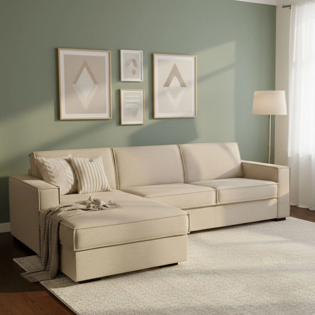 Divano Letto Allaida, Divano ad angolo, Made in Italy, SofÒ  con apertura girevole, Penisola contenitore Sinistra, con Braccioli standard, cm 280x95h90, Beige