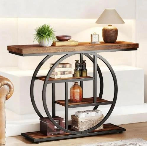 Tavolo consolle a 4 livelli in metallo e legno nero e marrone rustico 105x30x80 cm