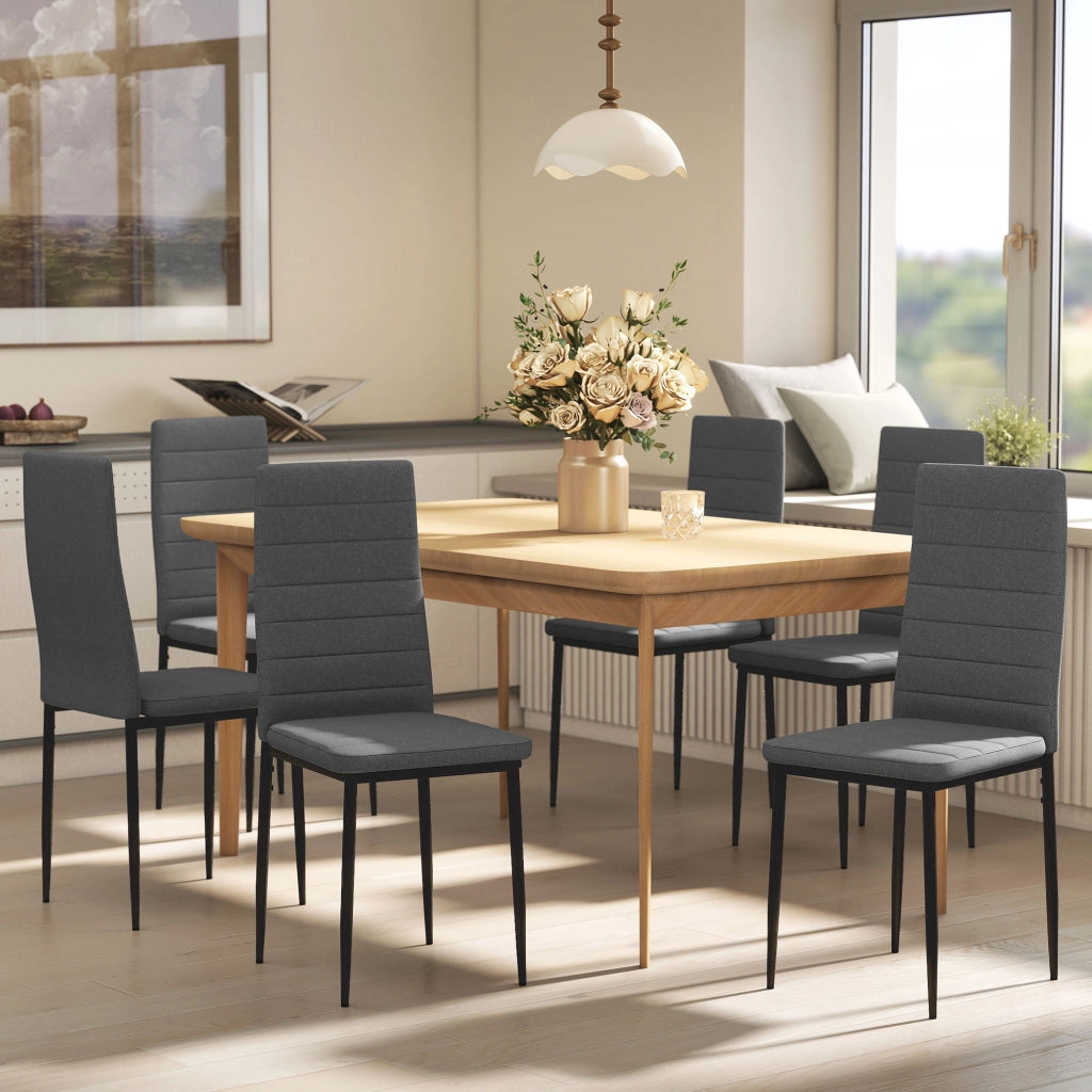 Set 6 Sedie da Pranzo Moderne ¨C Xylo ¨C Rivestimento Lino Sintetico Grigio Schienale Alto Gambe Metallo
