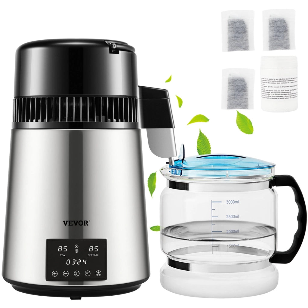 Distillatore d'Acqua YMK40207 3,9L in Acciaio Inox 304 e Vetro 750W 1L/h per Casa e Laboratorio Argento
