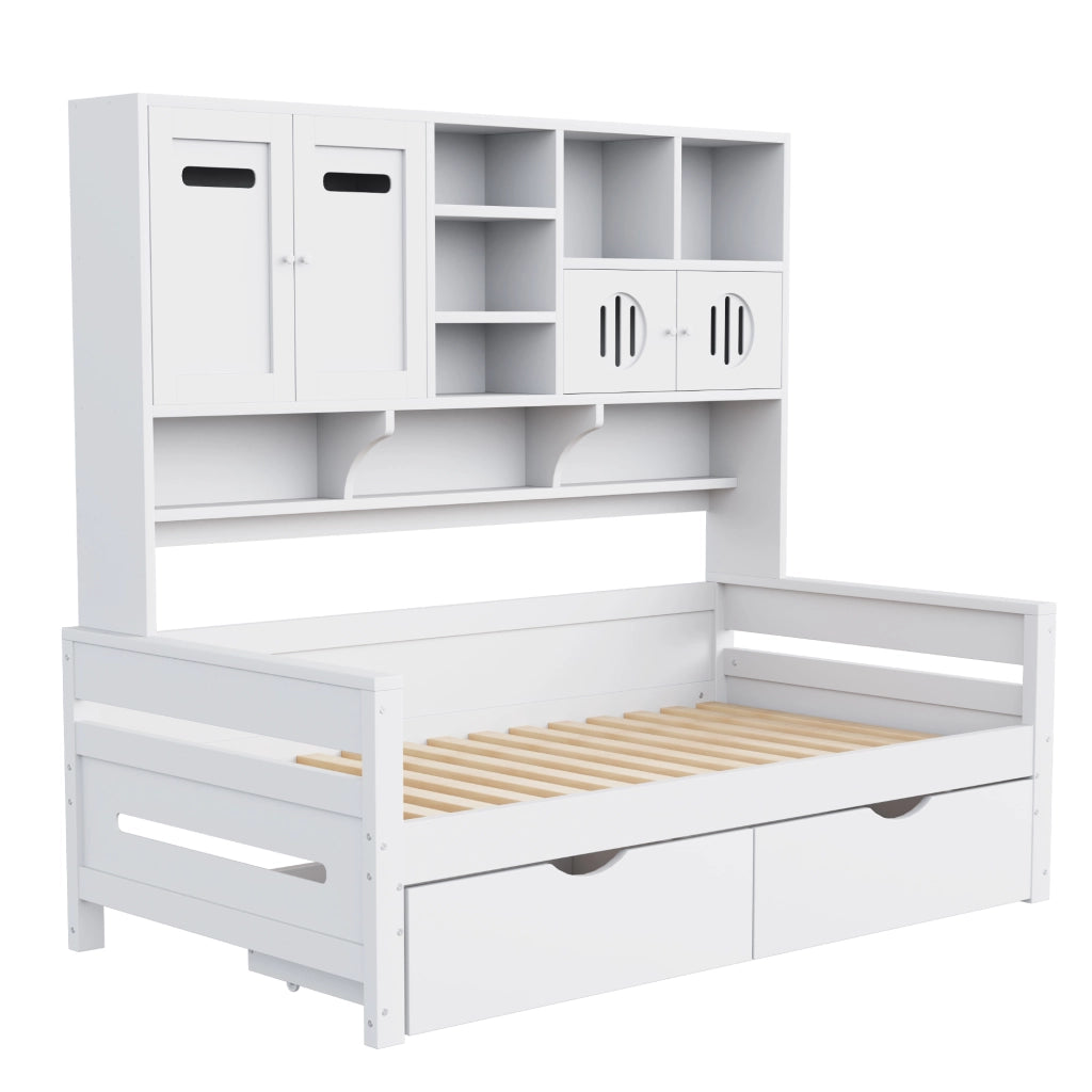 OKWISH Letto a Divano 90×200 cm, Letto Singolo con 2 Cassetti, Vani Contenitori e Ripiani, senza Materasso, in Legno, Bianco