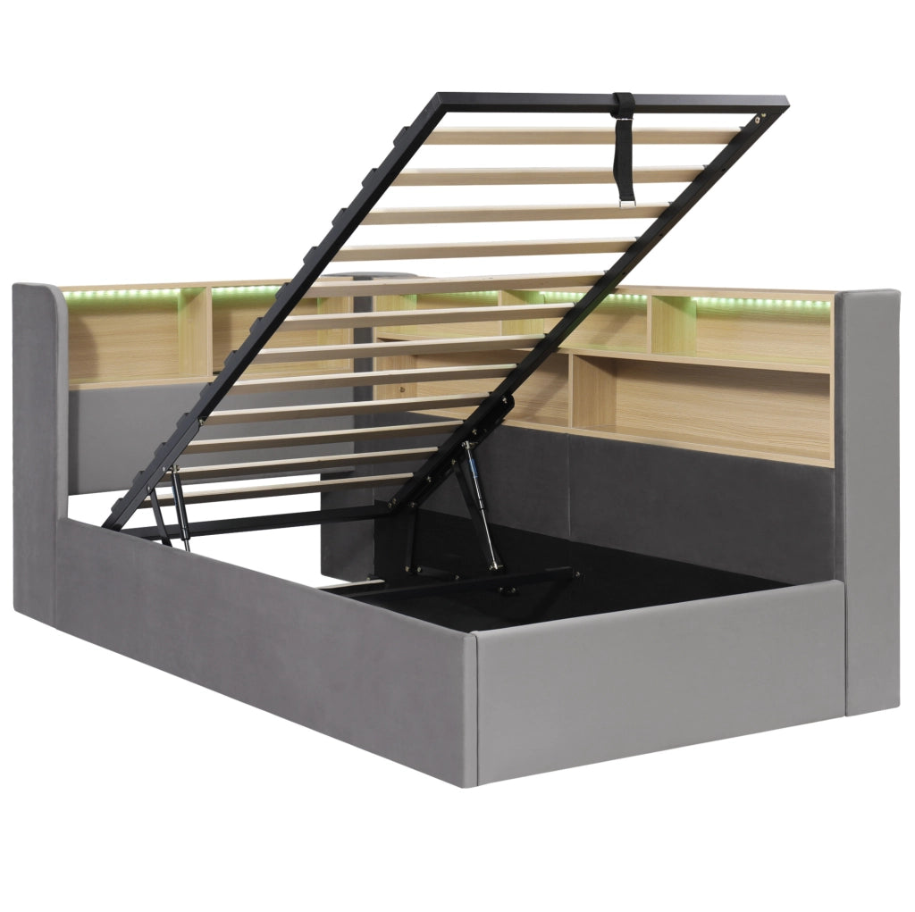 Letto imbottito 90x200 cm con contenitore idraulico; LED; USB e Type-C; velluto grigio