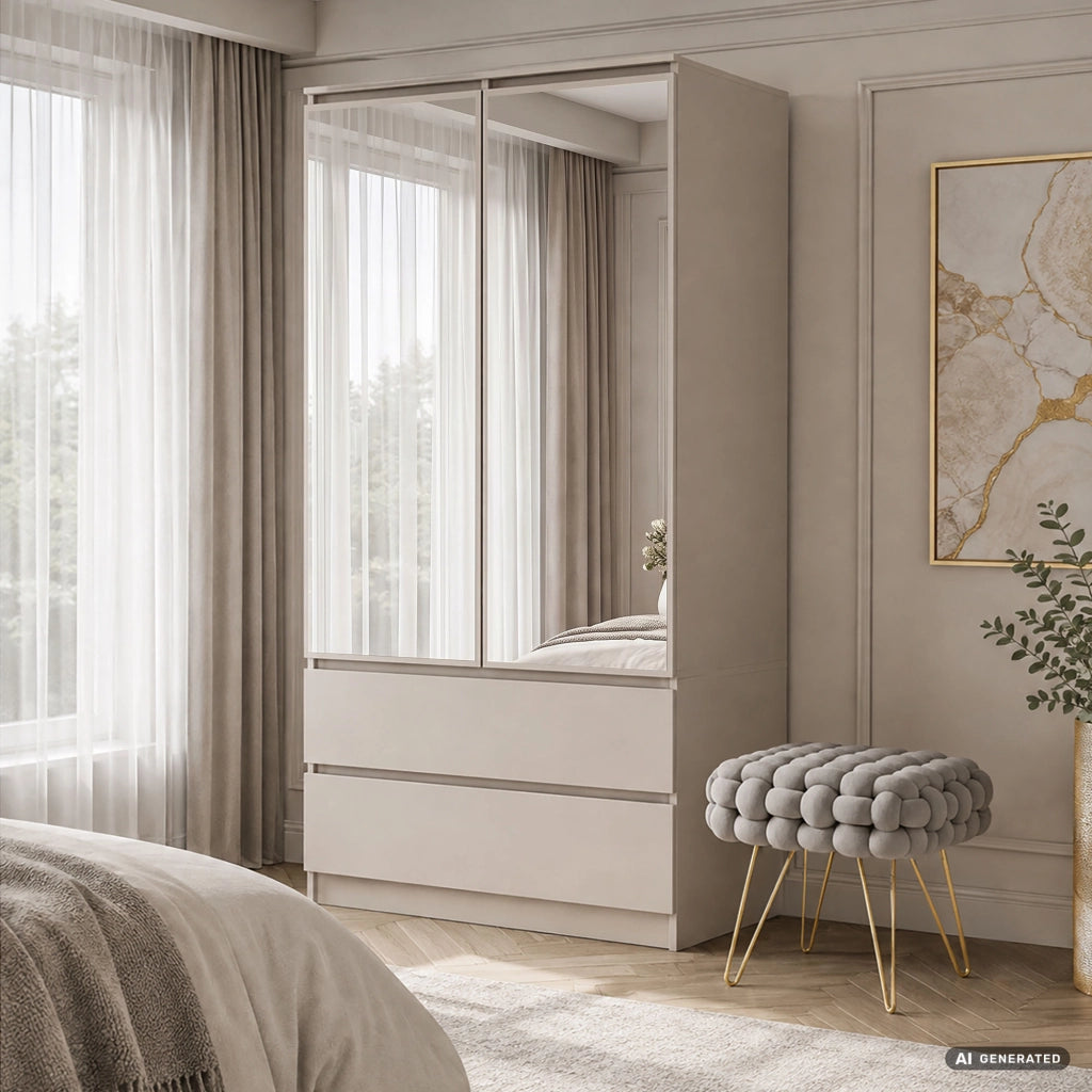 Armadio S90 con specchio integrato Cashmere 90 cm 2 ante 2 cassetti 4 ripiani 90x51x180 cm