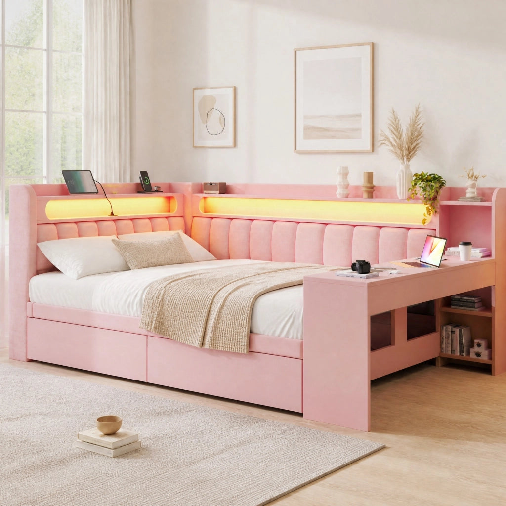 Daybed imbottito 140x200 con USB; LED; scrivania e 2 cassetti; rosa