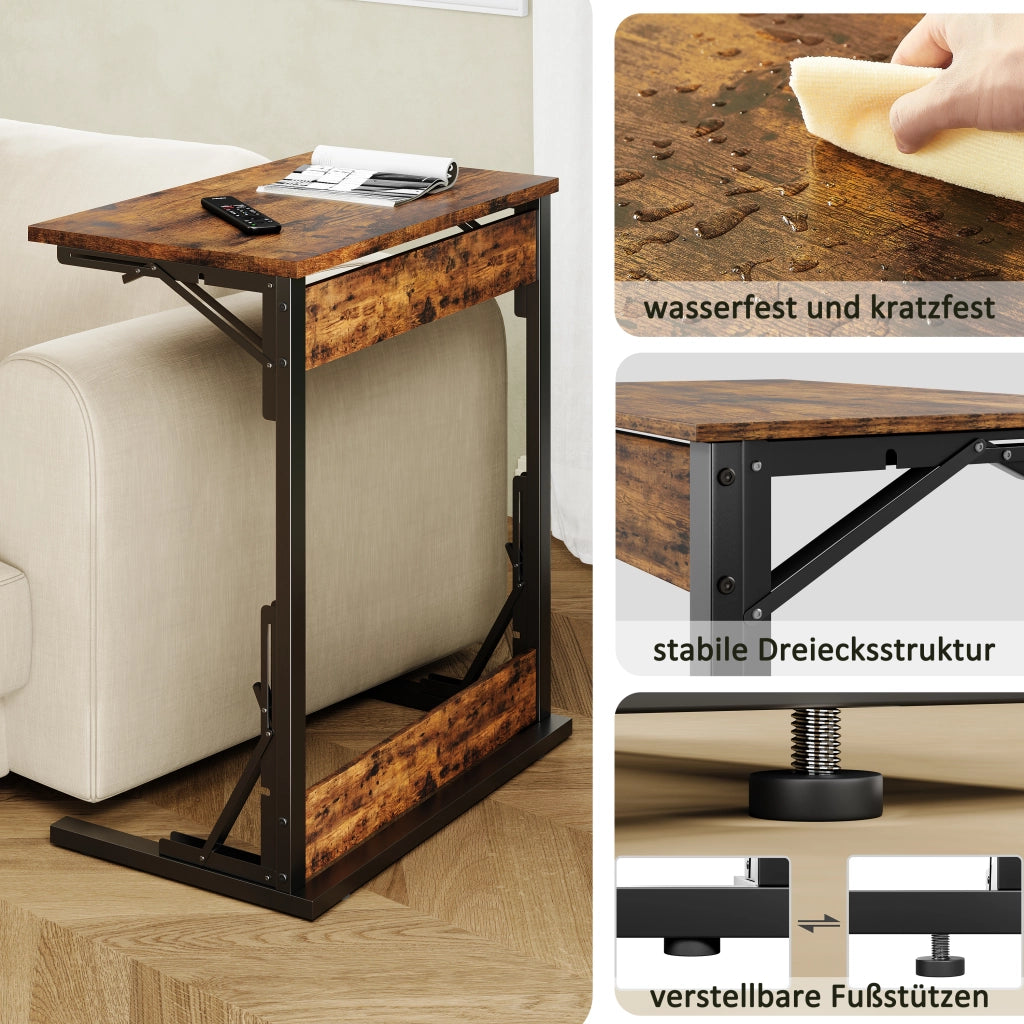 Tavolino basso a C pieghevole con struttura in metallo piano effetto legno per soggiorno e camera 60 × 37 × 71 cm