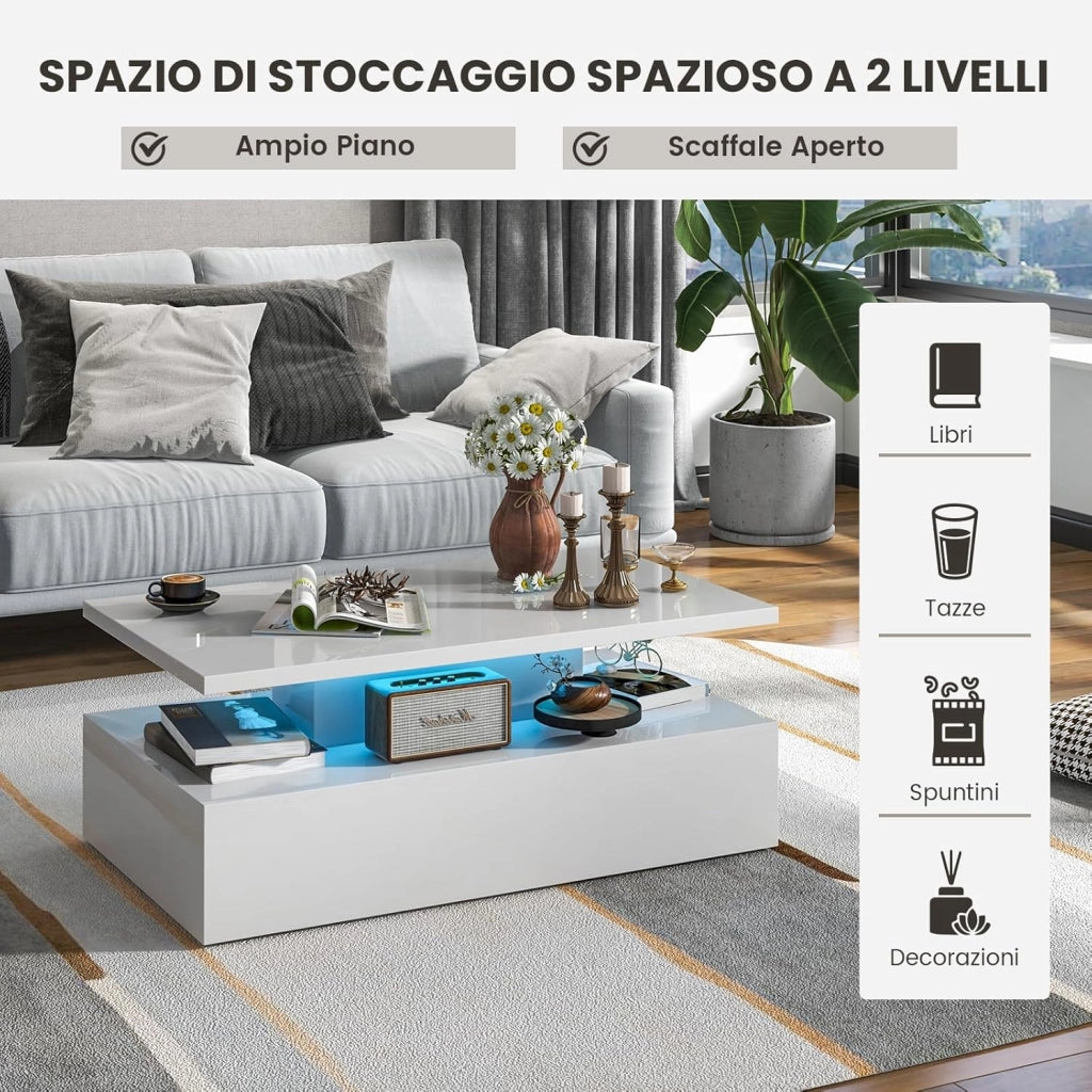 Tavolino da Caffè a LED a 2 Livelli con Colori della Luce Regolabili Velocità e Luminosità e Telecomando, Tavolo da Salotto Rettangolare e Moderno per Soggiorno e Ufficio (Bianco)