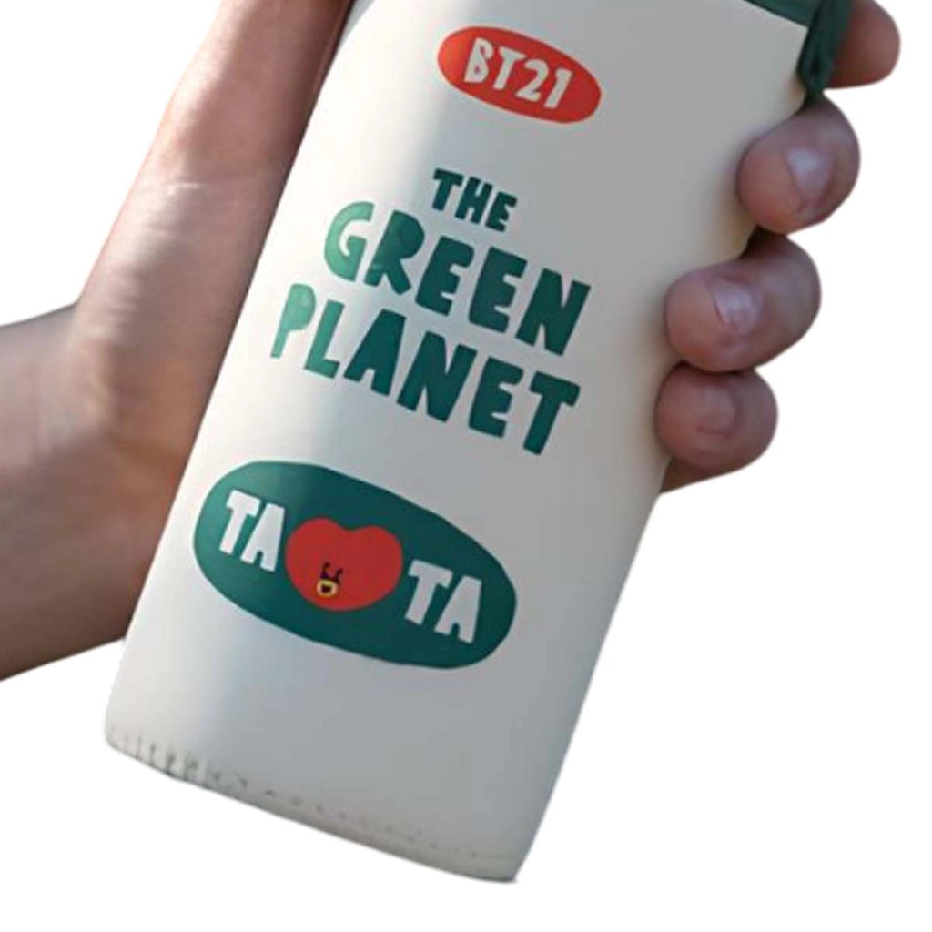 Borraccia in vetro riutilizzabile da 500 ml con motivo TATA e custodia Bianco / Verde Line Friends BT21