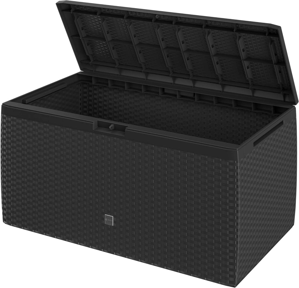 ® Baule da Giardino 117x47x60cm Aspetto Polyrattan 290L Box Multiuso Multibox Cuscini 6 Ruote Coperchio Esterno