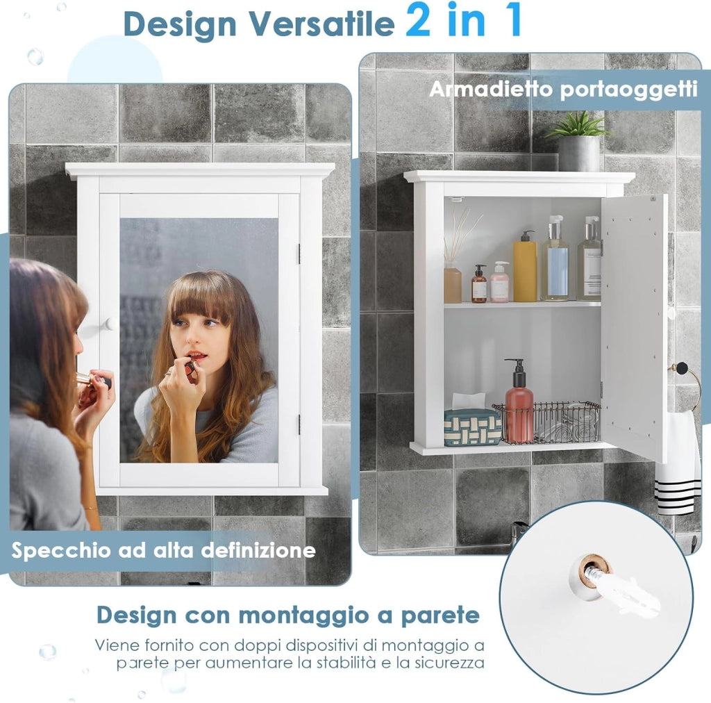 Armadietto Armadio a Specchio da Bagno, Arredo Specchio a Parete Mobiletto da Muro in Legno, Ripiani Regolabili, 56x14x69 cm (Bianco)