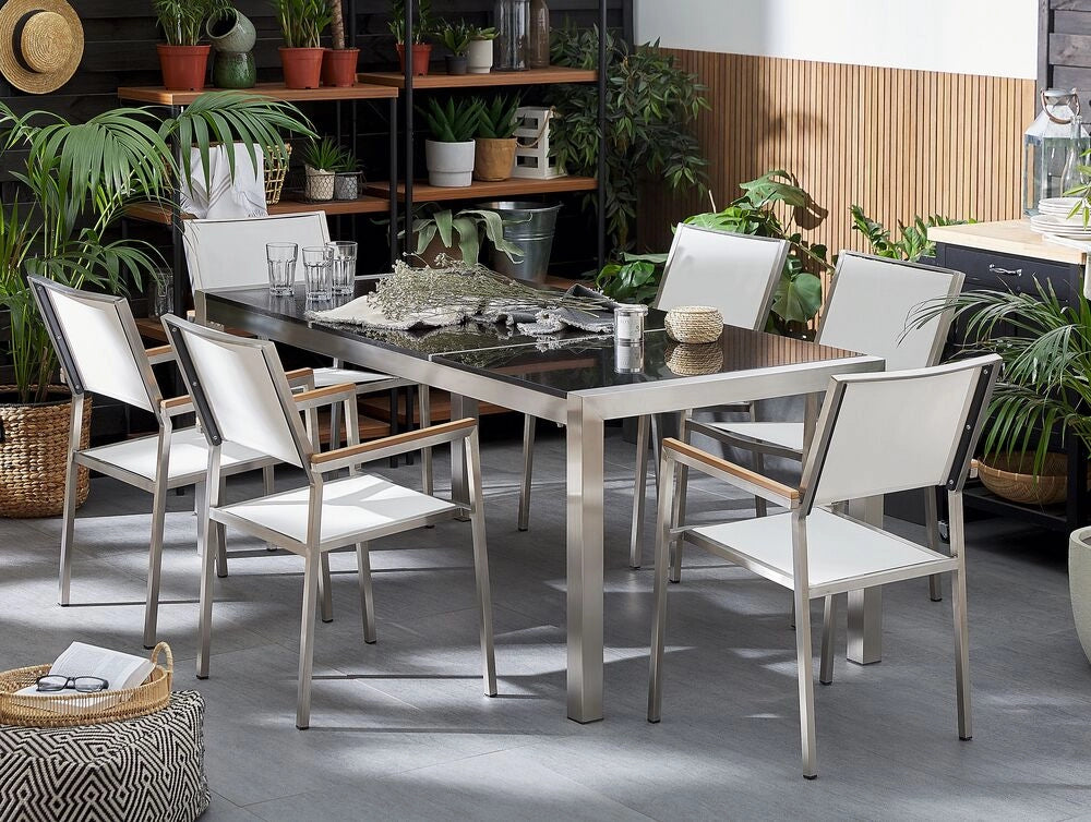 Set da Giardino Tavolo Piano Granito Nero 6 Sedie Bianche 180 x 90 cm