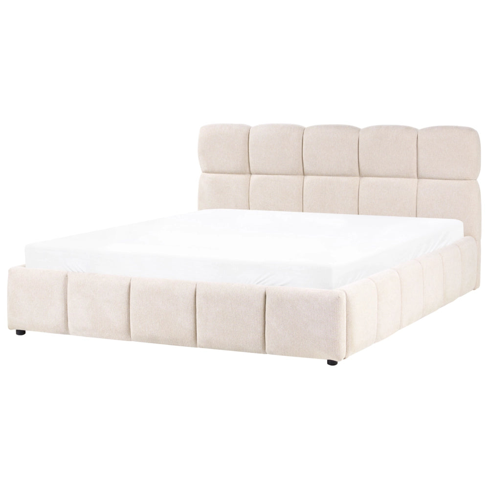 Letto matrimoniale imbottito con struttura a molle a sollevamento trapuntata 180 x 200 beige chiaro con contenitore a molle sollevabile