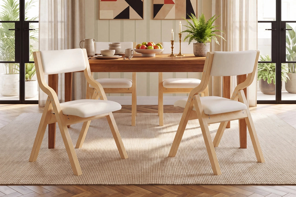 SEDIA Pieghevole in legno massello e lino beige, Set da 6 pezzi, 91,5x49x15,5 cm