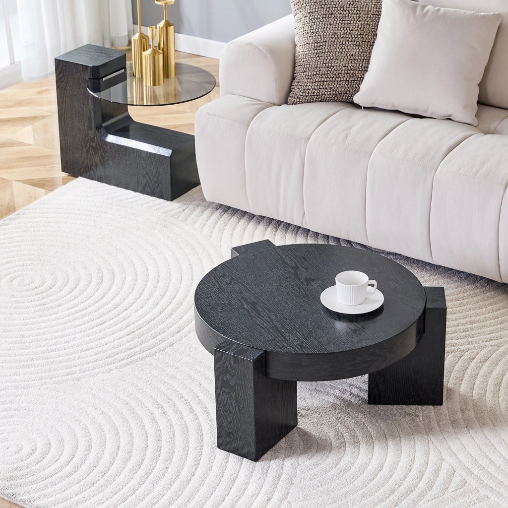 TAVOLINO DA CAFFÈ ROTONDO A 2 RIPIANI 61 CM NERO E VETRO GRIGIO Set da 2 pezzi
