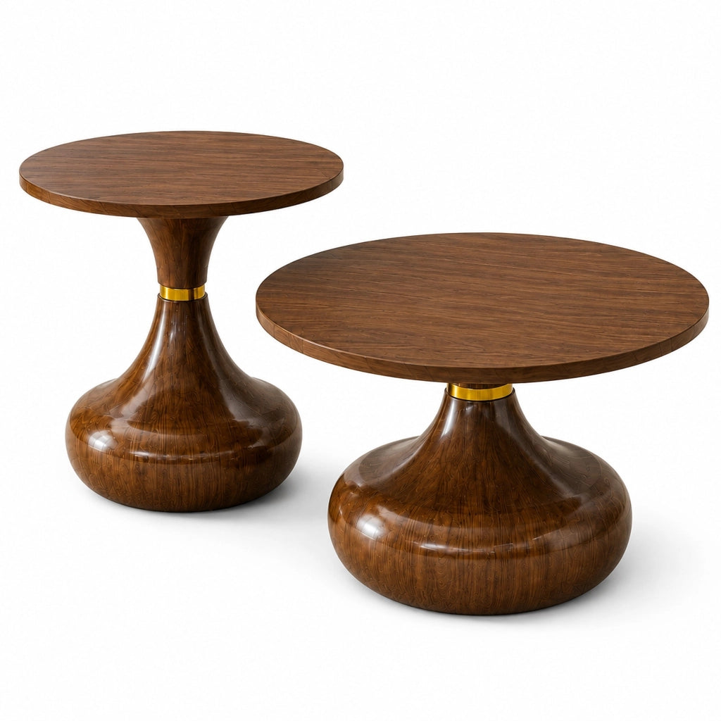 Set di 2 tavolini rotondi con base stabile; effetto noce; in MDF e metallo; colore noce