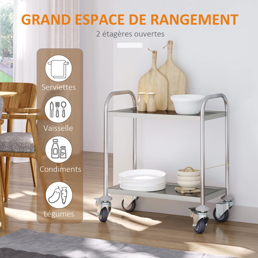 Carrello da cucina con ruote 2 ripiani ¨C Xylo ¨C 80x45x82 cm acciaio inox cromato
