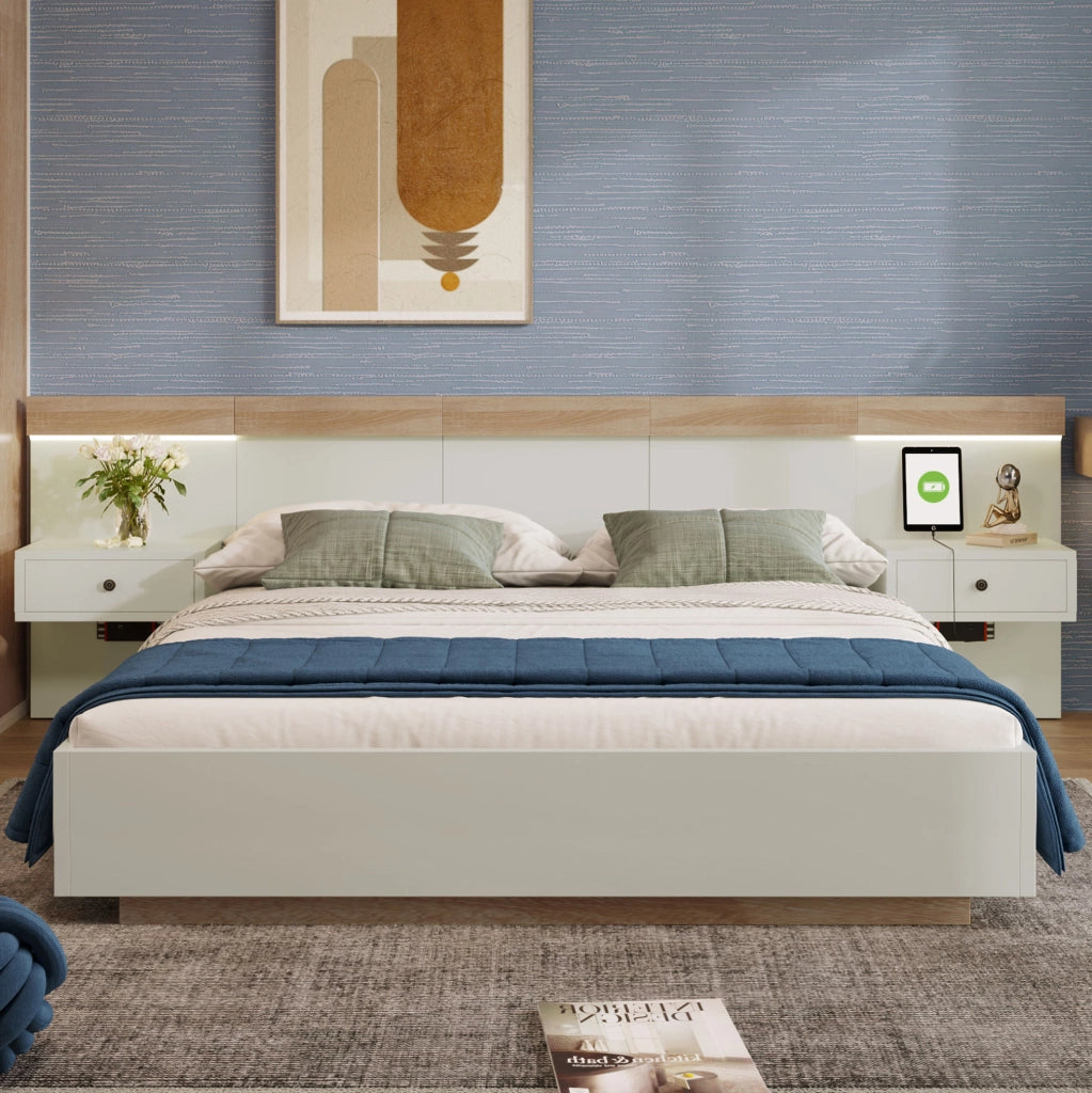 Letto matrimoniale ULEVR 180x200 cm con 2 comodini LED, USB, Type-C e prese UE, Sonoma e bianco