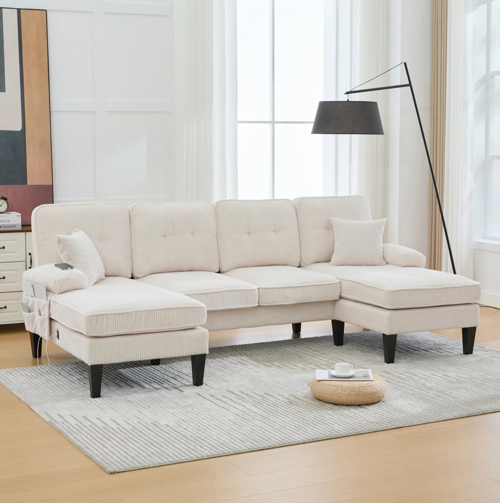 Divano a U 4 posti con doppia chaise longue; in tessuto effetto corda beige; 250x130x88 cm