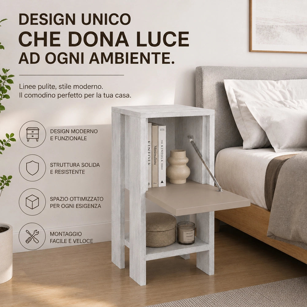 Comodino Mobiletto 2 Ripiani Anta Ribalta Tavolino Moderno Tortora Bianco Antico