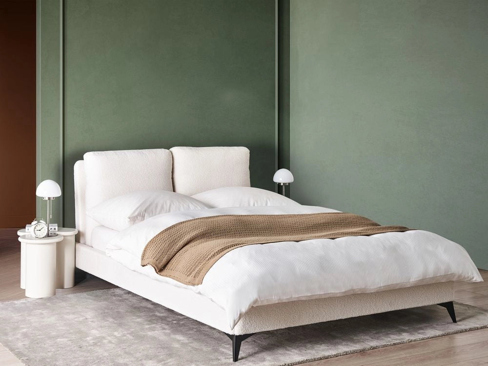 Letto matrimoniale imbottito in bouclè bianco 140 x 200 cm con rete a doghe stile moderno