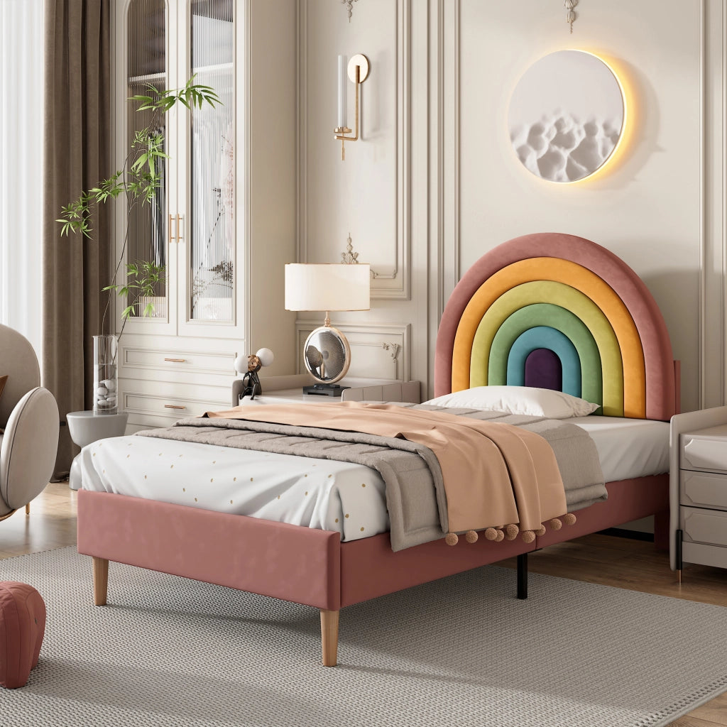 Letto imbottito 90x200 cm in velluto rosa con rete a doghe, testiera regolabile e struttura stabile
