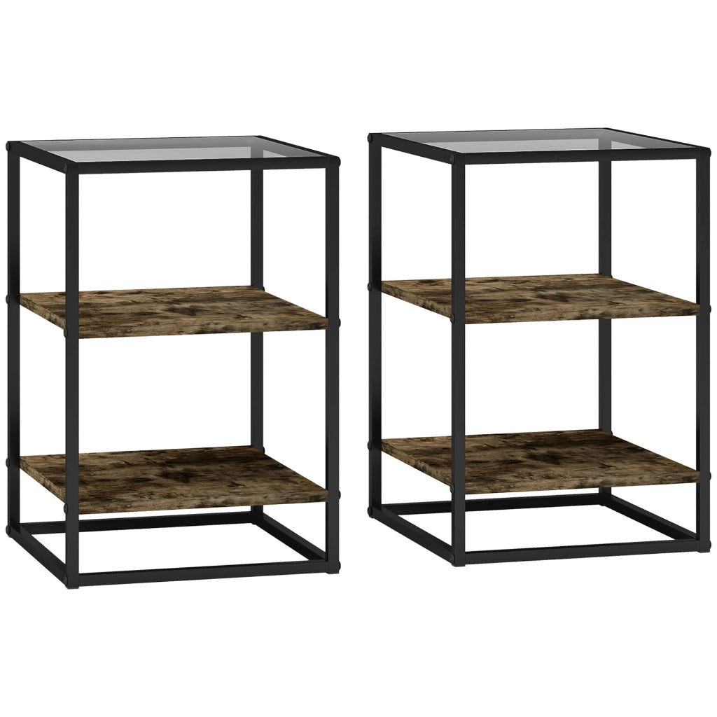 Set Tavolini da Soggiorno a Livelli ¨C zephmum ¨C Legno, Metallo, Vetro Temperato, Marrone, 37x40x55.5 cm